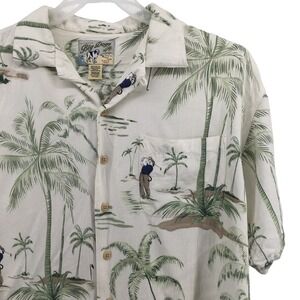Big Dogs Hawaiian‎ Shirt Mens Med Cream Tropical Golf Palm Tree Rayon Button Up